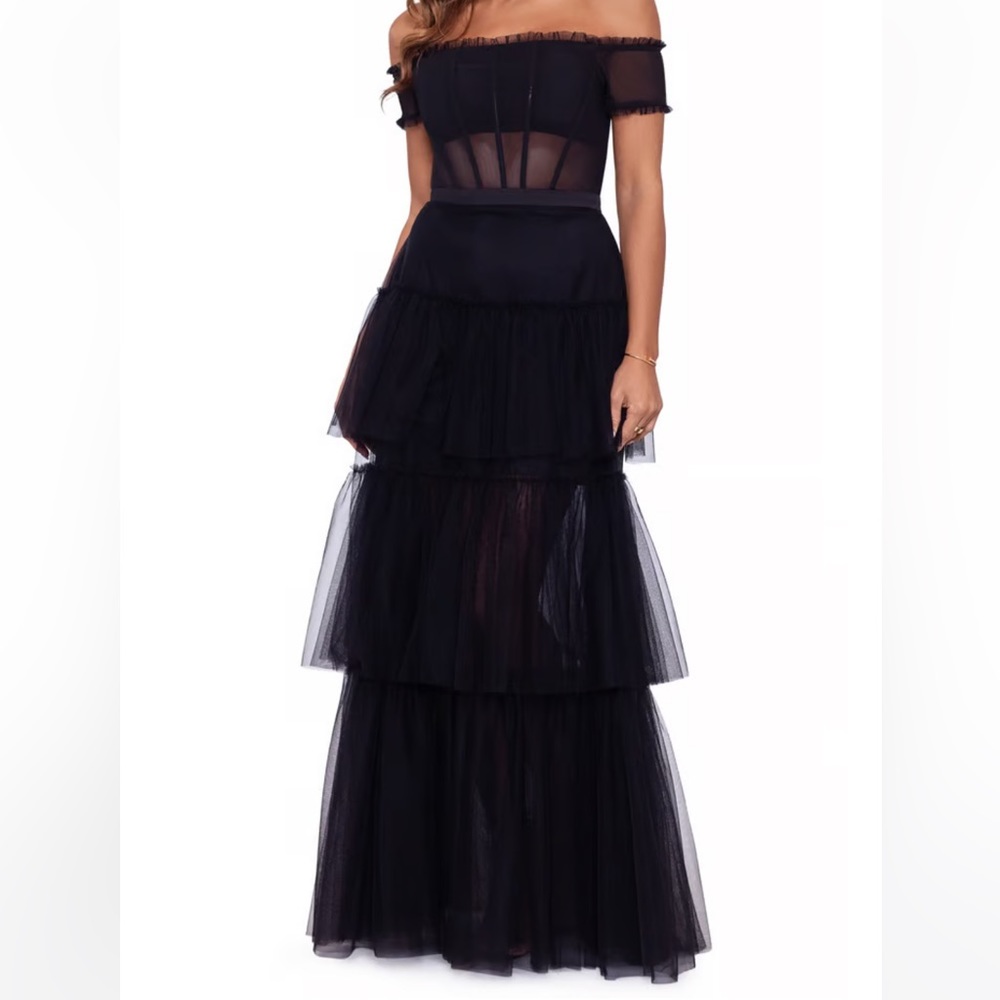 Betsy & Adam Kai Black Ruffle Off The Shoulder Tiered Ball Gown Size 6